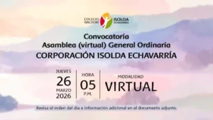 Pieza gráfica de la Asamblea General Ordinaria 2026 de la Corporación Liceo Infantil Isolda, modalidad virtual, jueves 26 de marzo a las 5:00 p. m.