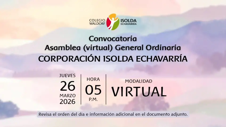 Pieza gráfica de la Asamblea General Ordinaria 2026 de la Corporación Liceo Infantil Isolda, modalidad virtual, jueves 26 de marzo a las 5:00 p. m.